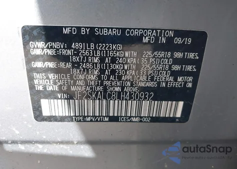 2020 Subaru Forester Sport from USA, damaged, VIN JF2SKALC8LH430932